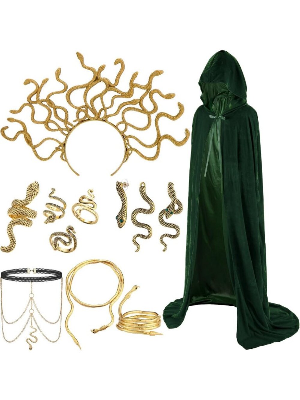 10 Pcs Halloween Medusa Costume Set with Gold Snake Jewelry & Accessories